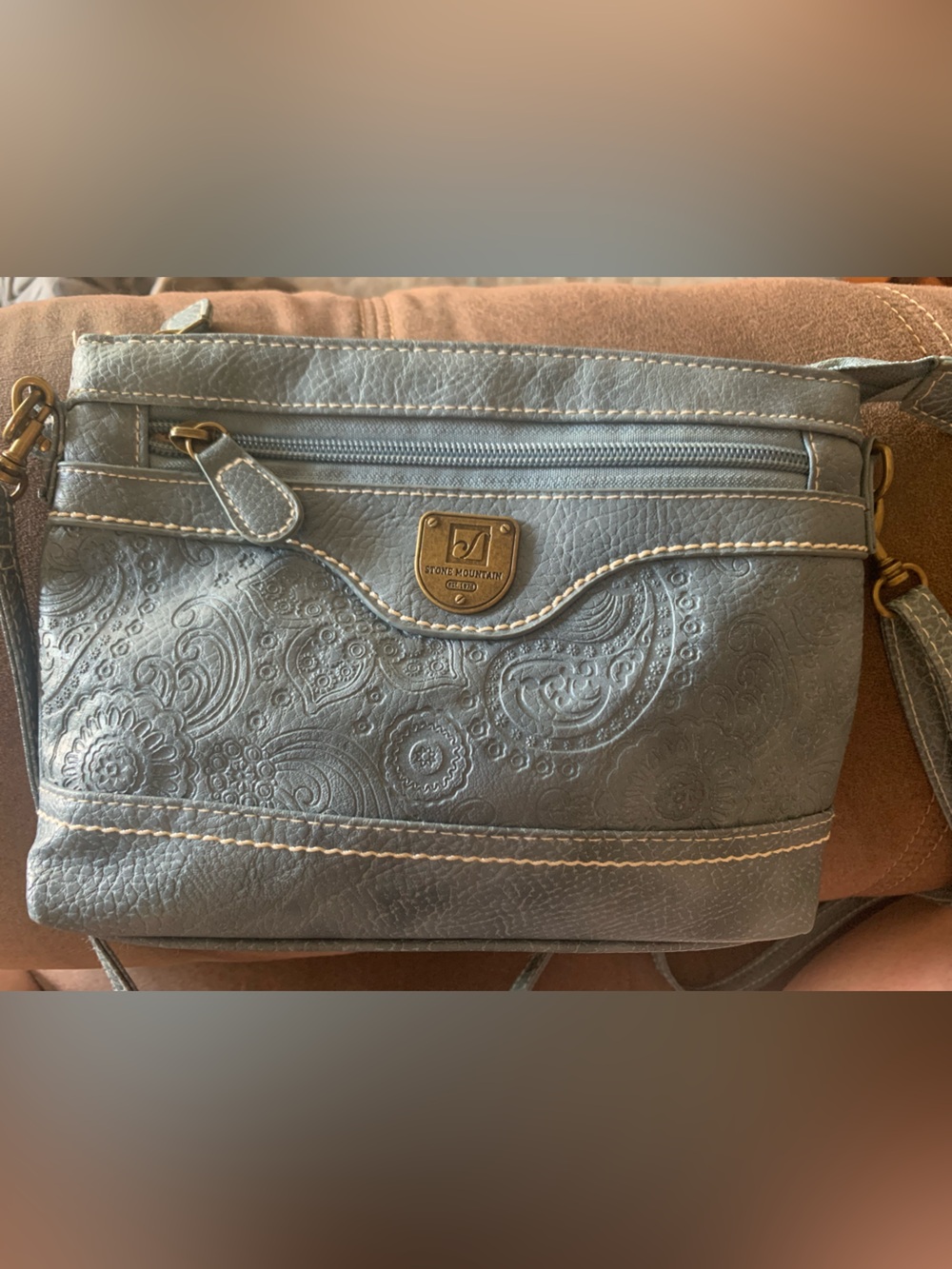 Stone Mountain Light Blue Crossbody Purse Embossed Paisley Faux LEATHER Purse